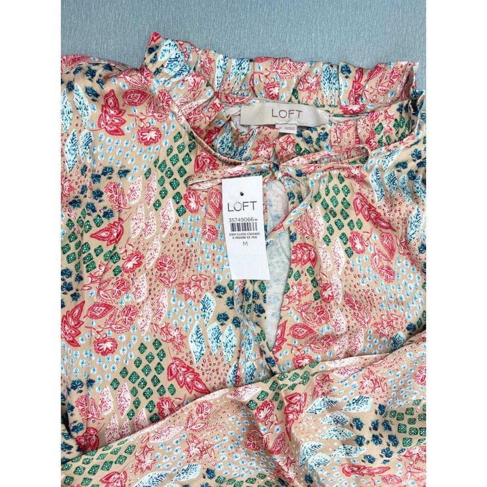 LOFT WOMEN Garden Cinched Sleeve Ruffle Tie Neck Mixed Media Top M - Picture 16 of 16